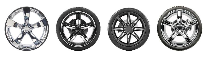 Chrome and black alloy wheels isolated on white.