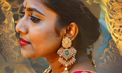 Wall Mural - Close-up portrait of an Indian woman in her 40s wearing bindi and traditional jewelry in an abstract background