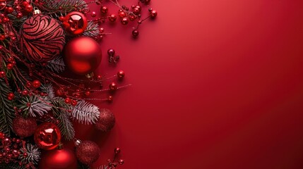 Poster - Red Christmas background with space for text typography and tree decorations