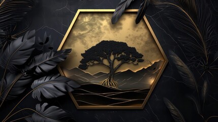 Poster - Chic art deco hexagon background in gold on black, featuring a 3D tree mural with dark leaves, a tranquil landscape, and mysterious black feathers elegantly placed