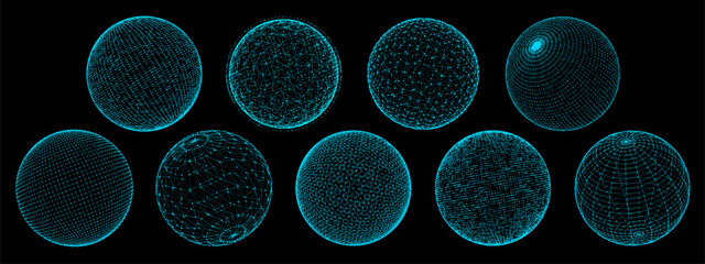 Poster - 3d sphere globe, grid and wireframe. Vector line network spheres, planet globes and balls with neon blue wire frames. Retro tech mesh geometric shapes with brutal perspective grid, connecting points