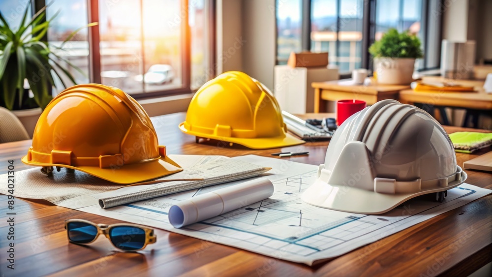 Professional workspace setup showing construction helmets and unfolded ...