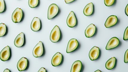 Wall Mural - Sliced avocados arranged on light background