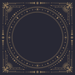 square celestial frame with borders of mystic gold moon and stars, vector tarot cards, astrology and