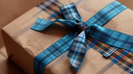 Sticker - Blue plaid ribbon on brown gift box with space for creative design