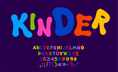 Poster - Funky font, funny cute type, children typeface, cartoon game english alphabet. Kids education vector typography set of bright color letters and numbers. Funky bold font of children abc characters