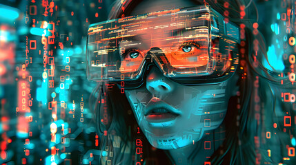Poster - A portrait of a woman in a VR headset her face merging into a cascade of glowing digital fragments  The background is an abstract blend of binary code and futuristic city elements