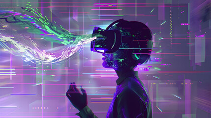 Poster - Digitally Illustrated Depiction of a Person Immersed in a Futuristic Virtual Reality Environment Surrounded by Swirling Pixels Data Streams and Neon Minimalistic Design Elements