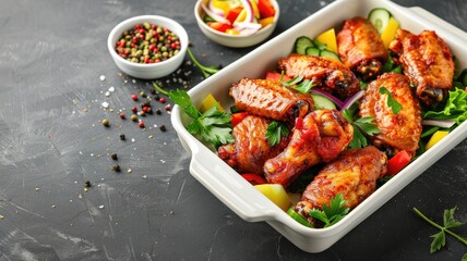 Poster - Oven-baked chicken wings with vegetables and herbs in dish