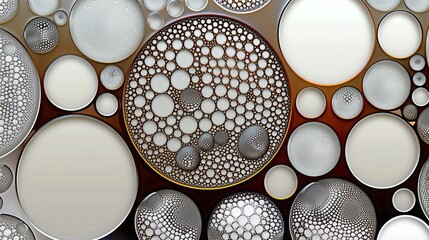 Wall Mural - Abstract illustration featuring a collection of circles and dots, with intricate patterns, in neutral white, gray and brown