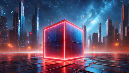 Poster - Neon Cube in Futuristic Cityscape, A glowing red neon cube stands in the center of a futuristic cityscape, casting a vibrant glow against a backdrop of towering buildings and a swirling nebula in the 