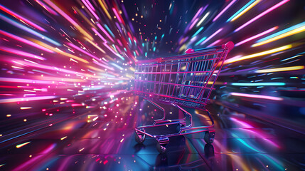 Poster - Futuristic glowing holographic shopping cart moving through a vibrant neon lit environment featuring streaks of vibrant pink purple and yellow lights creating a sense of speed and energy