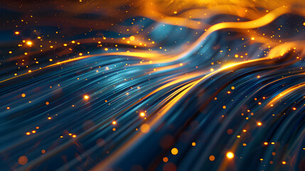 Poster - Flowing Currents of Light and Energy in Dynamic Abstract Composition   Vibrant digital artwork featuring interwoven golden streaks and dark blue curves with glowing particles creating a futuristic