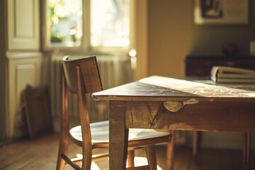 Old wooden table and chair in a cafe. Vintage style. Selective focus.