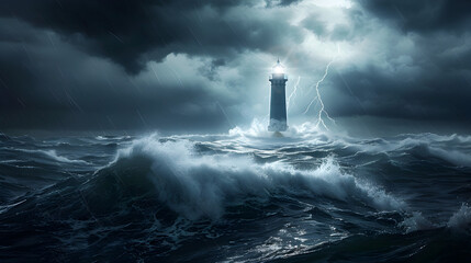 A lighthouse is shown in the middle of a stormy sea. The waves are crashing against the rocks and the sky is dark and cloudy. The lighthouse is the only source of light in the scene