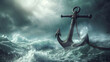 © tracy - A stormy sea with a shipwrecked anchor. The anchor is upside down and is being pulled by the waves. Scene is one of danger and chaos, as the anchor is being tossed around by the rough waters