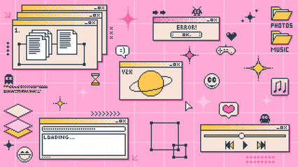 Fototapete - Y2K computer window page and retro interface of PC screen, vector background. 8 bit pixel art and retro 90s Y2K computer display windows, internet browser tabs with loading bar and music media player