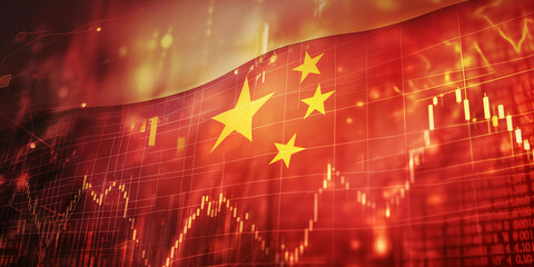 Poster - Chinese flag waving over stock market graph data showing economic growth