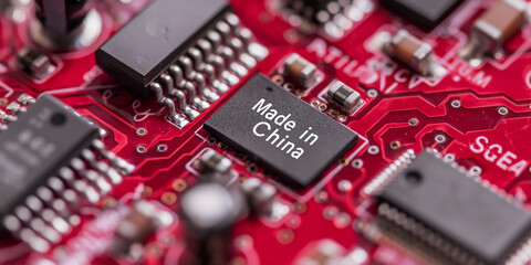 Poster - Red printed circuit board showing microchip made in china