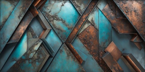 Wall Mural - A close-up of a metallic surface with various geometric shapes and a rustic patina