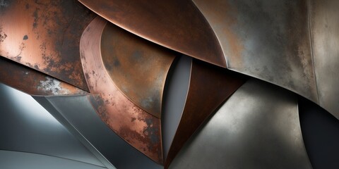 Canvas Print - Curved, overlapping sheets of oxidized copper and silver metal create a textured, abstract composition