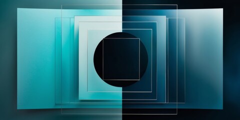 Canvas Print - A series of layered, translucent squares in shades of blue and black, with a circular void in the center