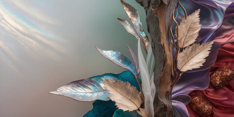 Wall Mural - Metallic leaves with iridescent hues are arranged against a backdrop of shimmering and satin fabrics