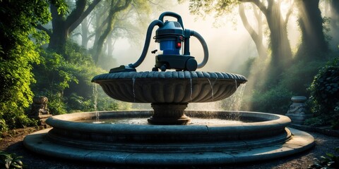 Poster - A wet vacuum cleaner sits atop a stone fountain, surrounded by a lush, green park, with fog rolling through the trees