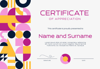Poster - Certificate appreciation template with modern geometric pattern, vector diploma award. Education workshop appreciation certificate or training diploma template background with geometric shapes pattern