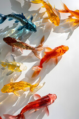 A row of fish in a glass tank with a white background. The fish are of different colors, including orange, blue, and green. The tank is arranged in a way that creates a sense of movement and depth