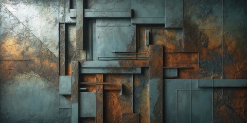 Wall Mural - Abstract textured background of rusted metal panels with geometric patterns