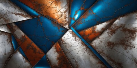 Geometric metal panels with blue, orange, and silver colors and cracked, rusted textures