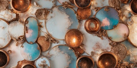 Wall Mural - A collection of circular glass textures in various shades of blue and copper