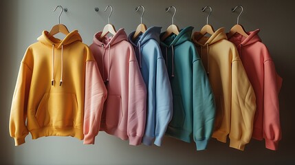 Wall Mural -  Several hoodies spread on colorful background 