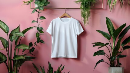 Wall Mural - White T-Shirt Mockup with Nordic Style Plant on Neutral Background - New Clothing Line Branding Concept