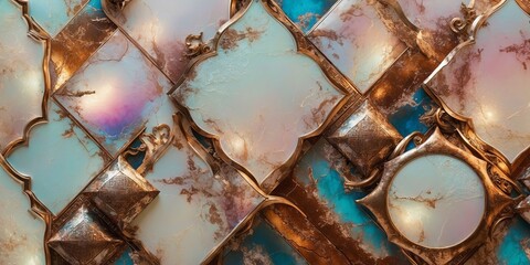 Canvas Print - A close-up view of several ornate, decorative tiles, featuring gold accents and a blue background