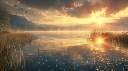 Wall Mural - sunset over the lake