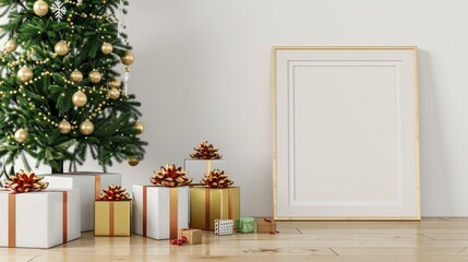 Wall Mural - White table with gift boxes and frame near Christmas tree.