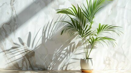 Poster - Palm leaves in vase casting shadows on white marble wall, wood table, copy space.