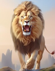 Wall Mural - Portrait of a big beautifull lion on a rock with a neutral background 