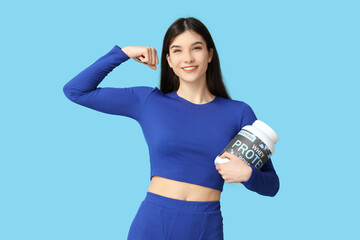 Sticker - Beautiful sporty woman with bottle of protein powder on color background