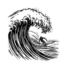 Poster - surfer wave sea engraving black and white outline