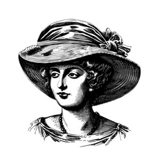 Wall Mural - femme chapeau engraving black and white outline