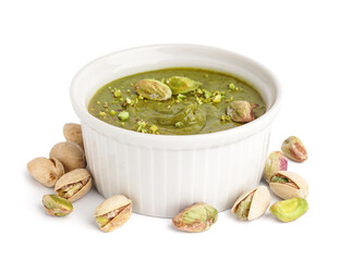 Wall Mural - Bowl with pistachio paste on white background