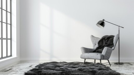 Canvas Print - Chic grey chair black furry rug and lamp next to white wall