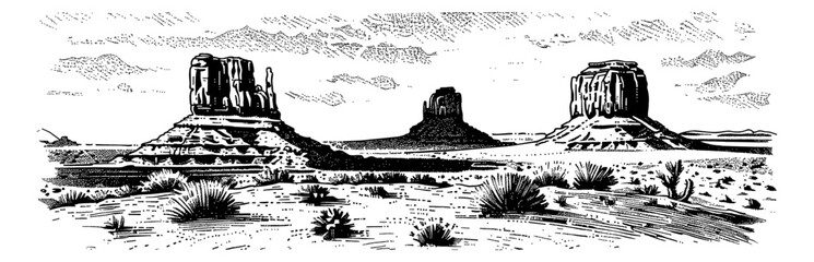 Wall Mural - american desert landscape engraving black and white outline