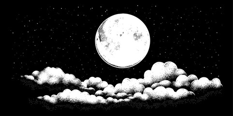 full moon night sky engraving black and white outline