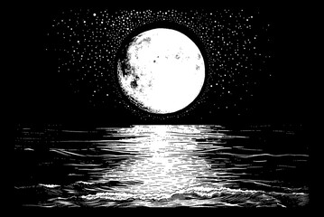 Wall Mural - full moon sea engraving black and white outline