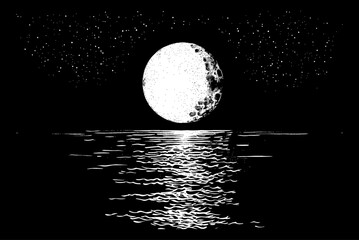 full moon sea engraving black and white outline