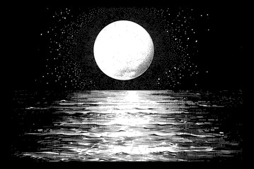 Wall Mural - full moon sea engraving black and white outline